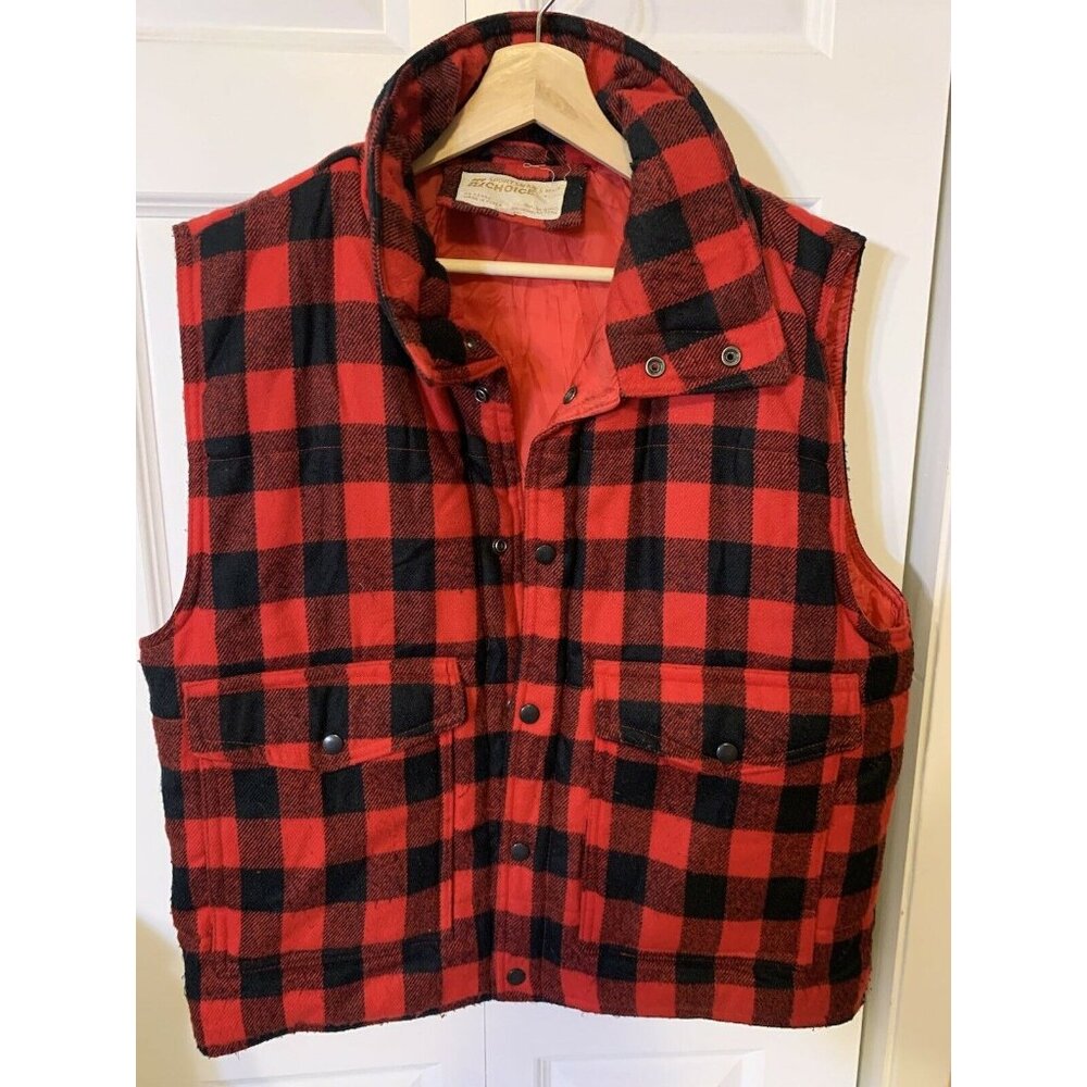 SPORTSMAN’S CHOICE Men’s Sz L plaid hunting vest vtg‎ black & red plaid outdoors